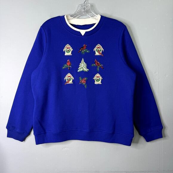 Christmas Cardinal Appliqued Embroidered Rhinestone Royal Blue Sweatshirt Size L - Picture 1 of 12